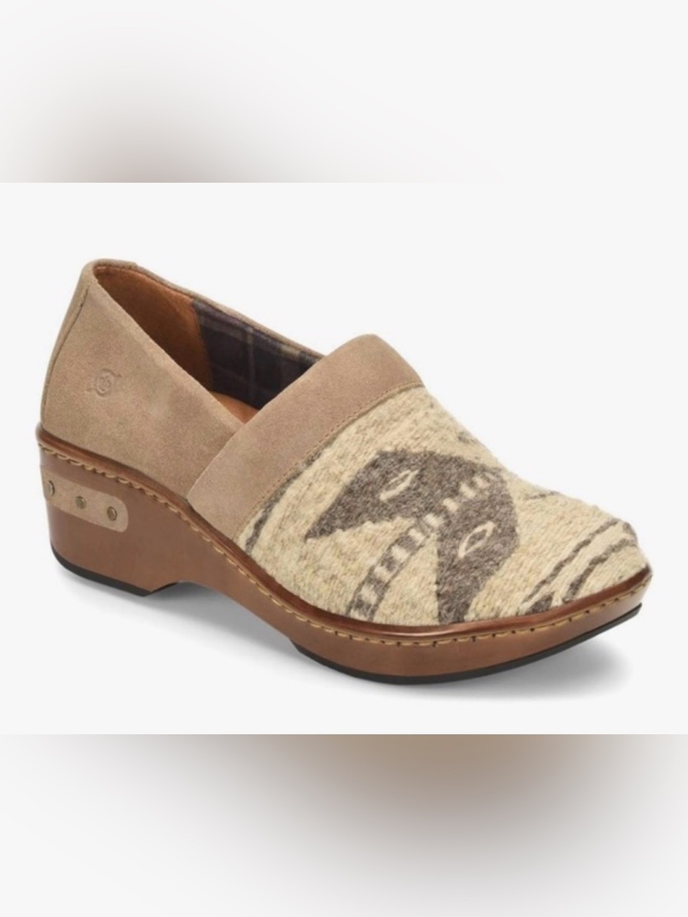 Born Bailie Aztec Blanket Knit Slip-On Clog in Tan and Gray size 7.5/38.5 EUC